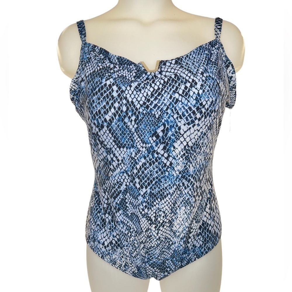 Calvin Klein Women's Blue Black White Snakeskin Print One-Piece Swimsuit